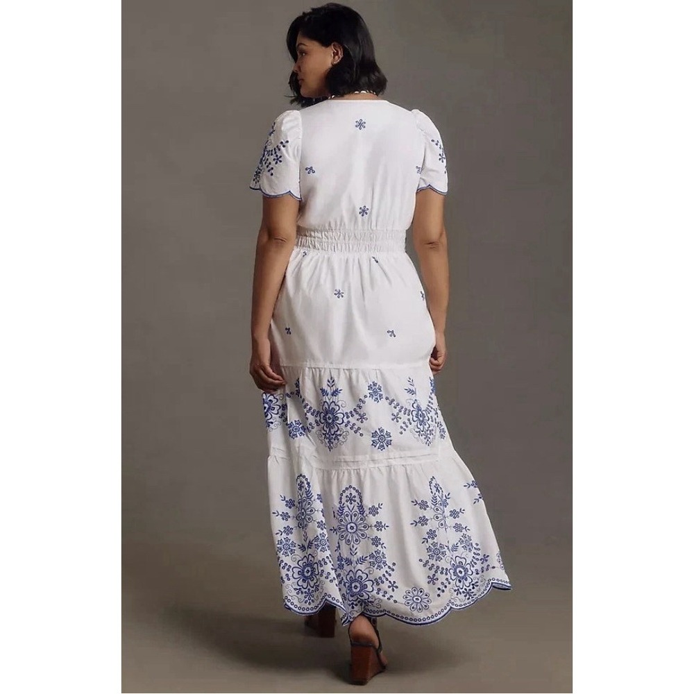 Anthropologie The Somerset Maxi Dress Womens Embroidered Eyelet Large Blue White - Picture 3 of 9